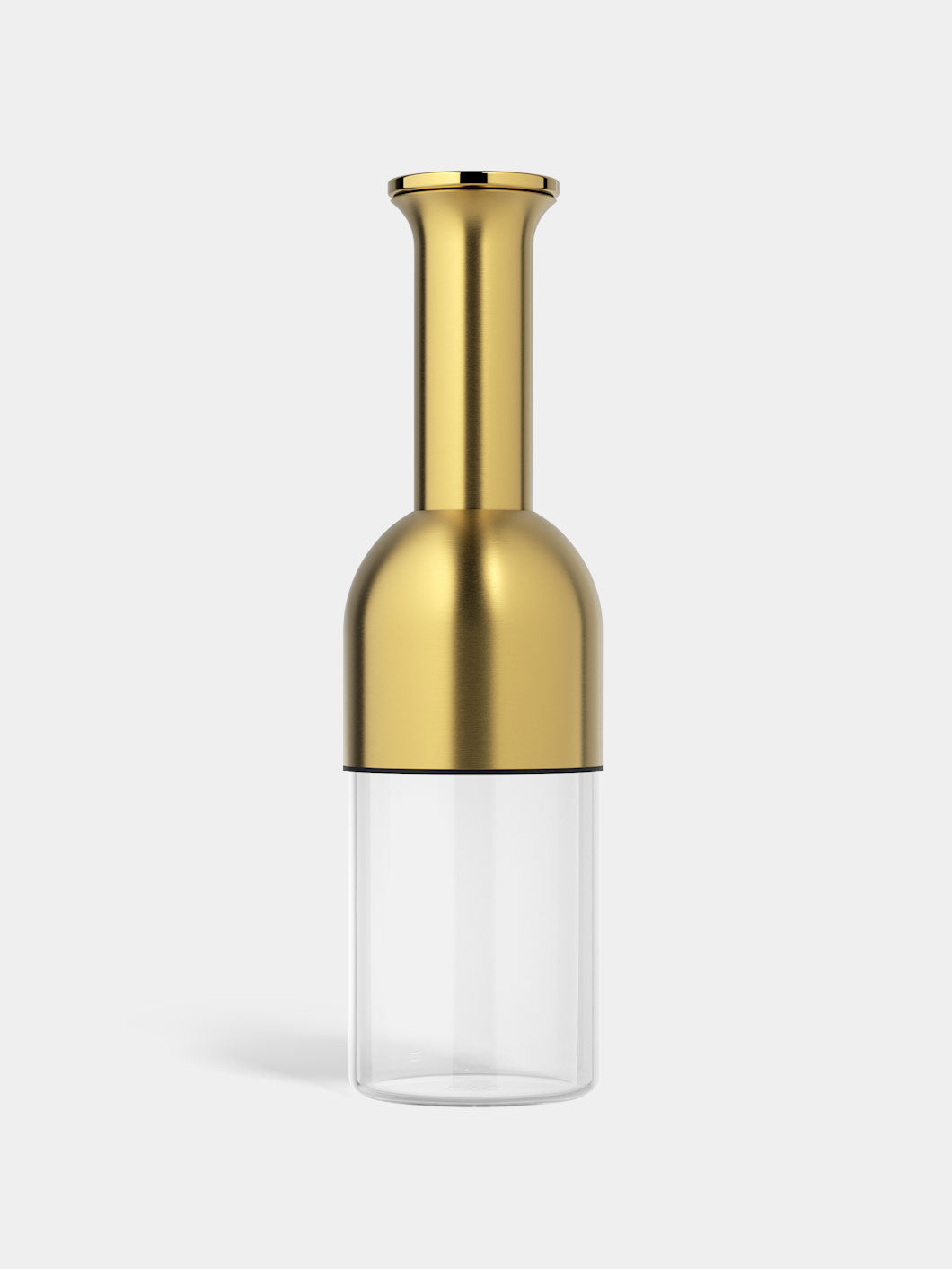 A wine decanter with a brass satin finish and a clear glass base.