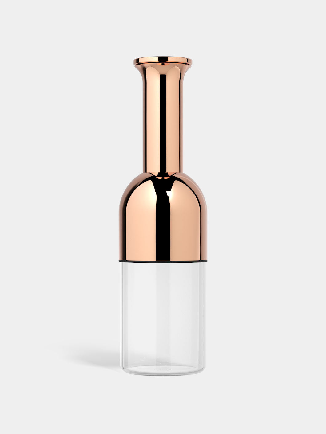 A wine decanter with a copper mirror finish and a clear glass base.