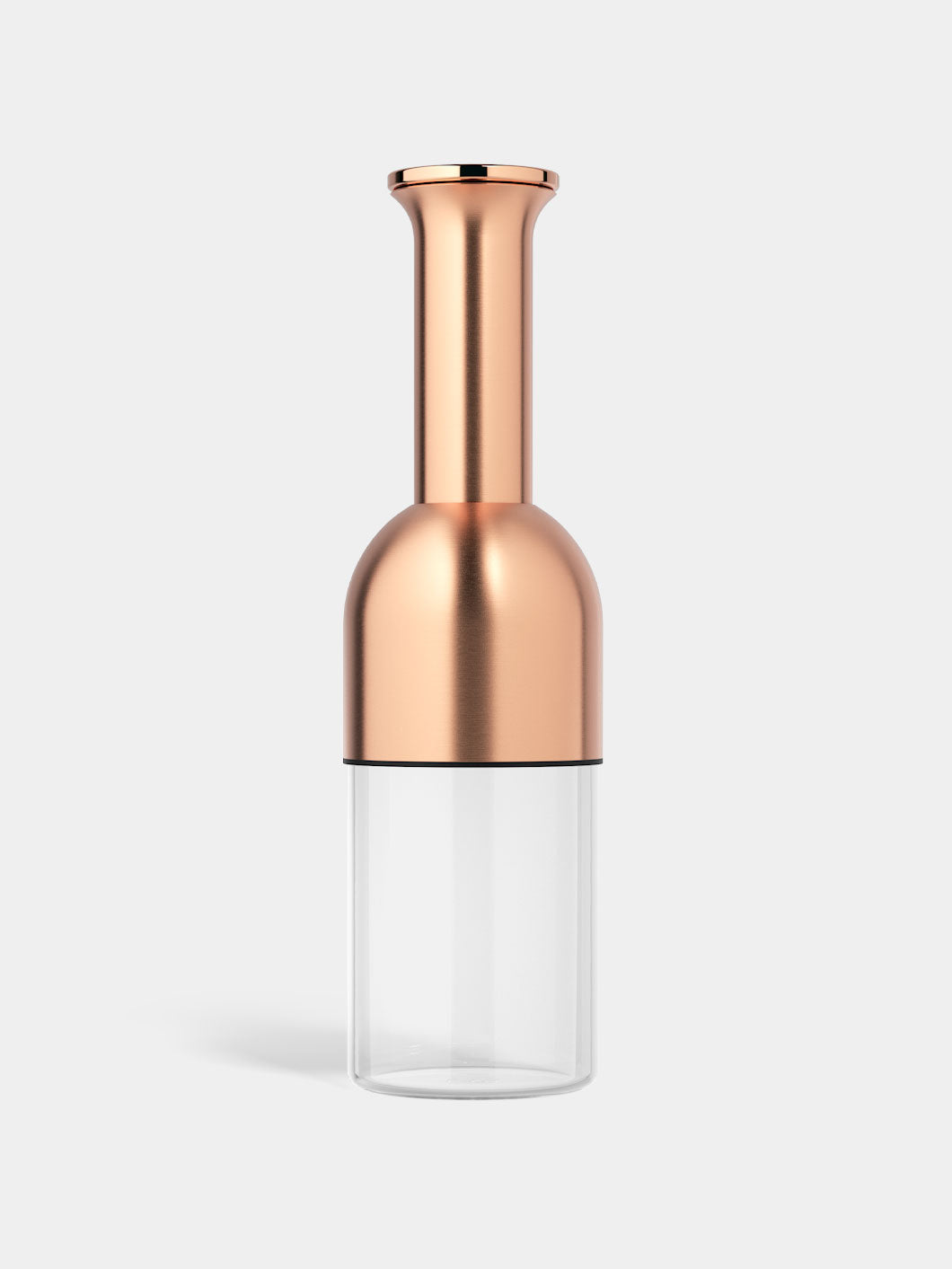 A wine decanter with a copper satin finish and a clear glass base.