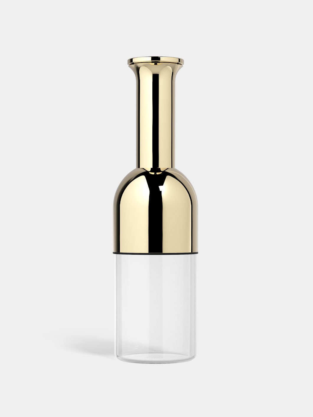 A gold mirror finish wine decanter with a sleek design, featuring a long neck and a sharp lip, with a glass base.