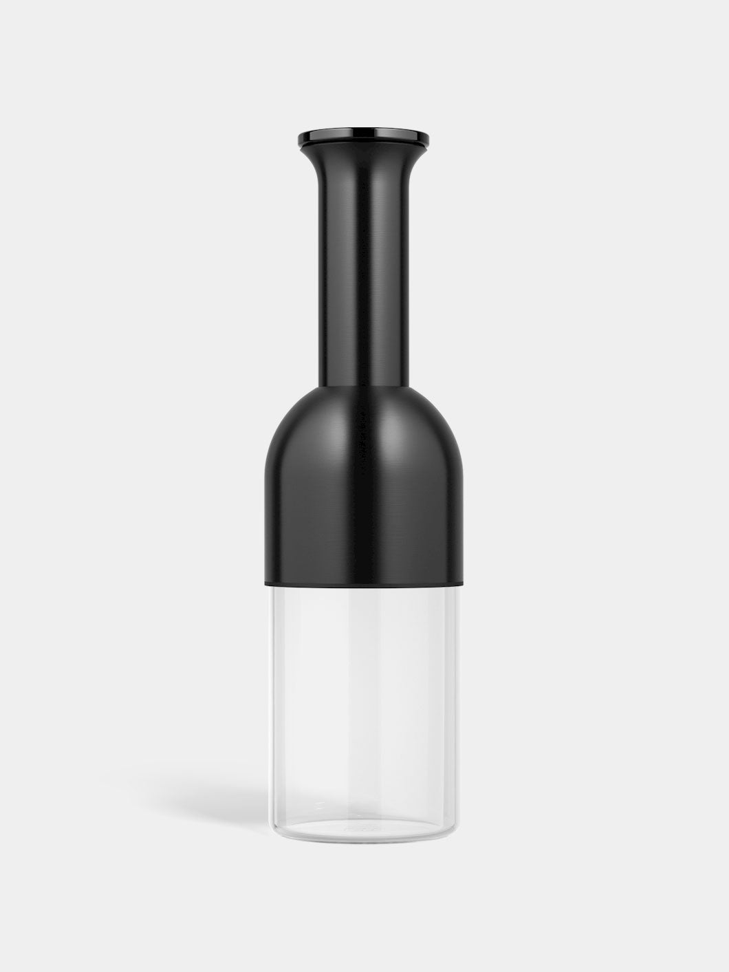 A wine decanter with a graphite satin finish and a clear glass base, designed to preserve wine by sealing it from air.