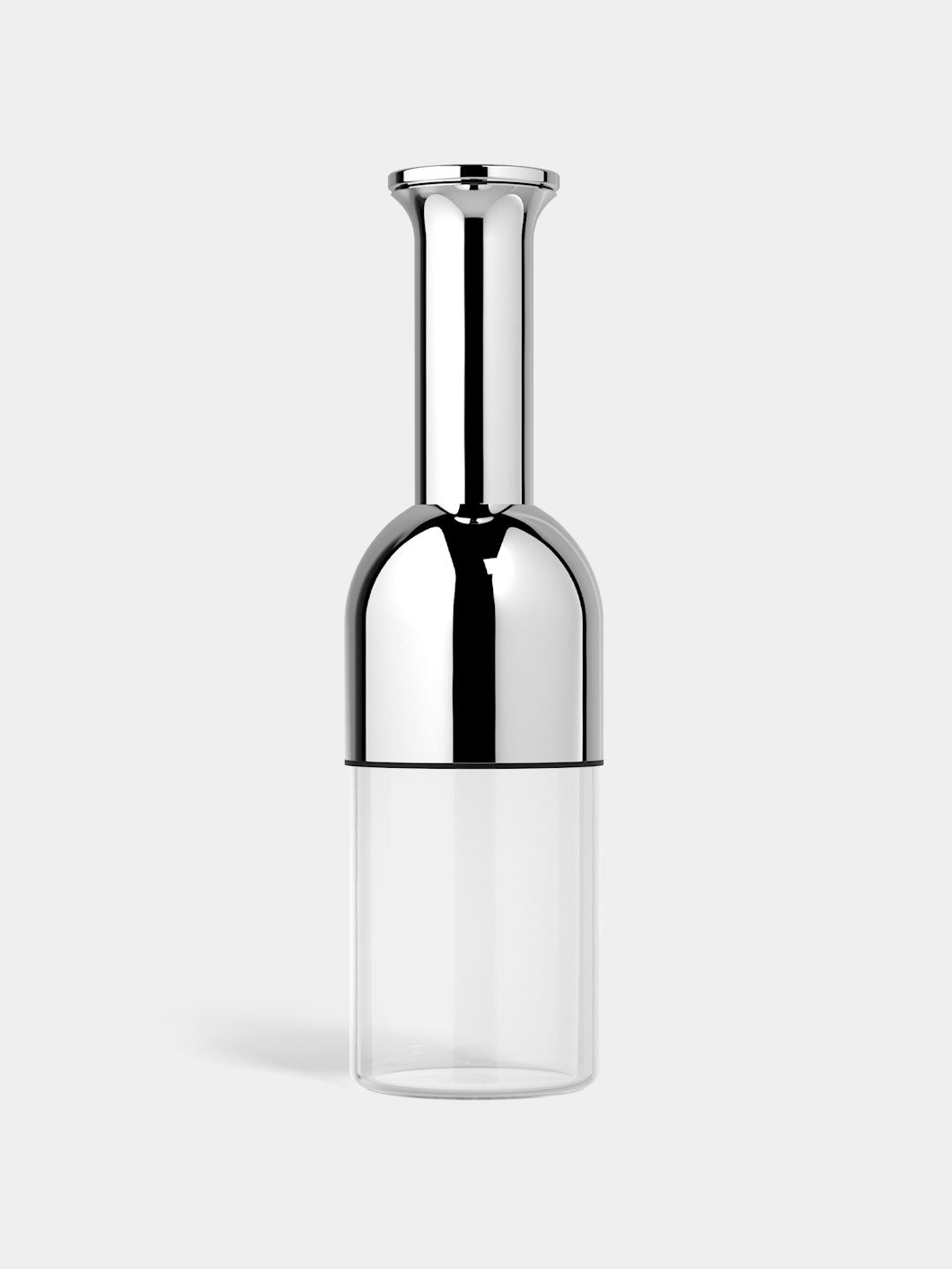 A stainless steel wine decanter with a mirror finish, featuring a long funnel and a sharp lip, with a clear glass base.