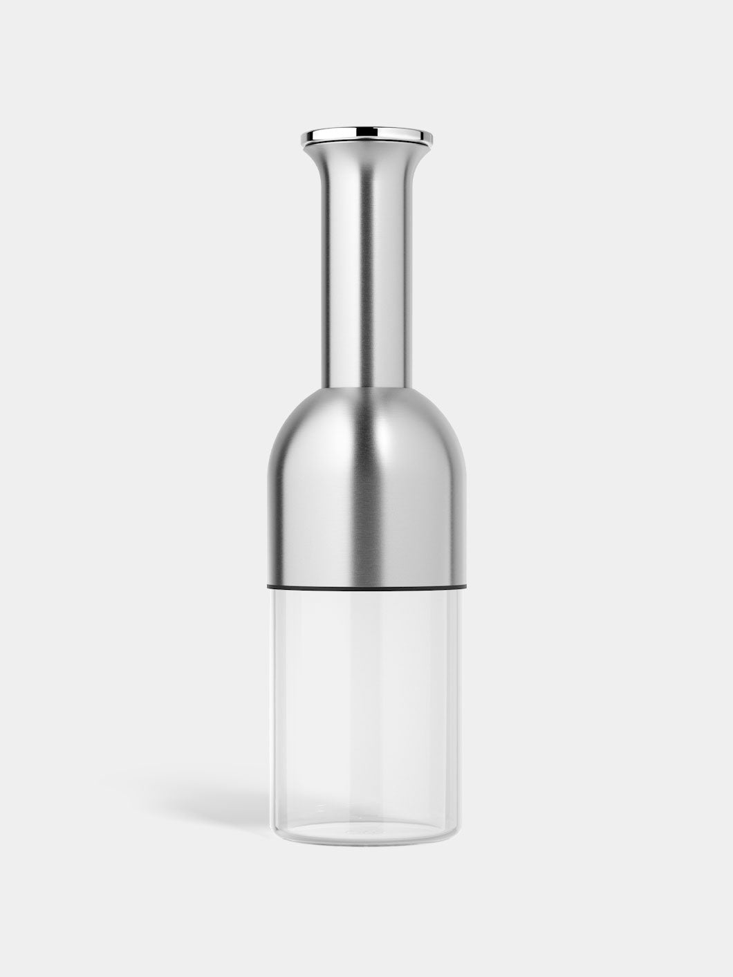 A stainless steel wine decanter with a clear glass base and a sharp lip, with a satin finish on the upper half.