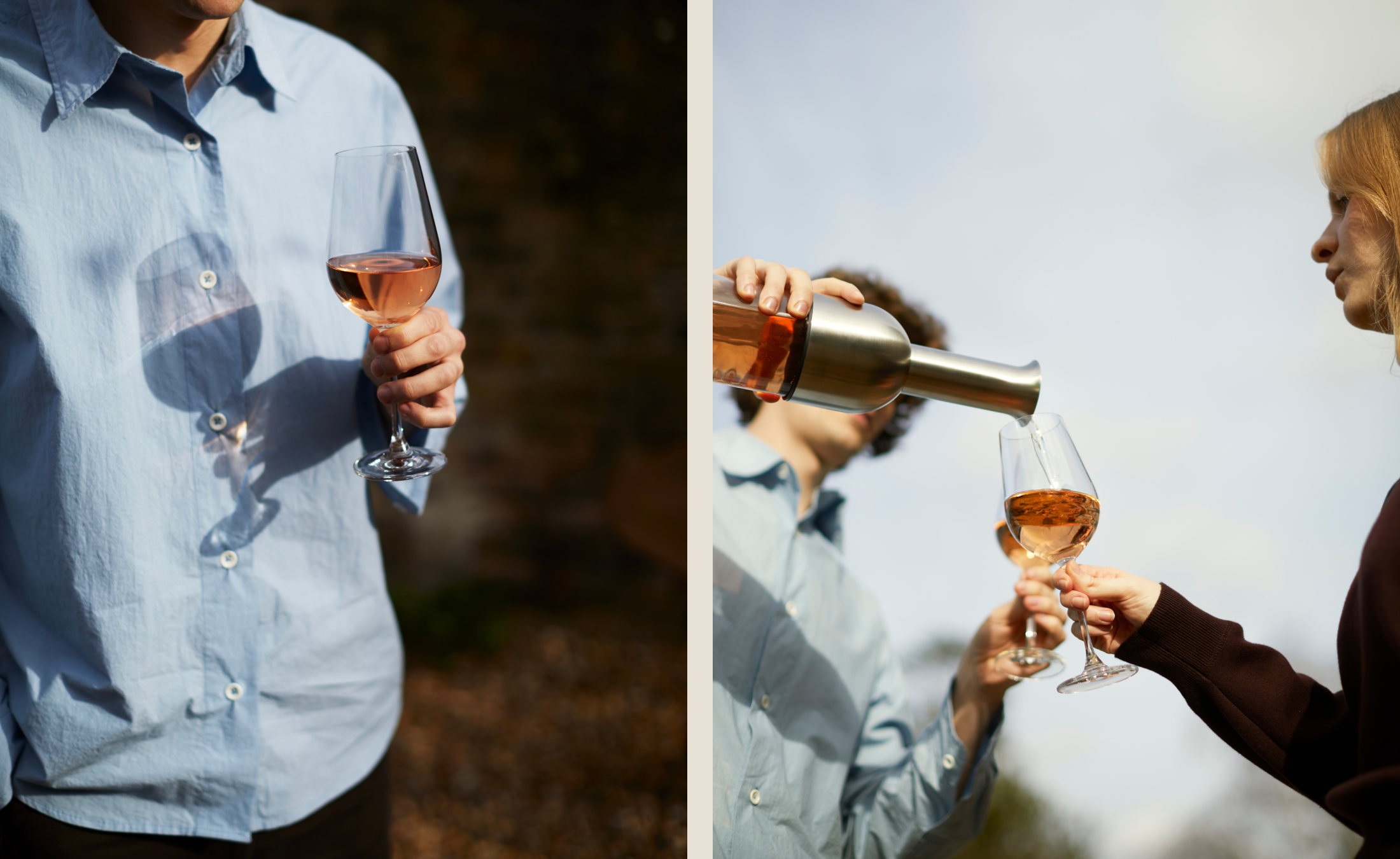 Two people enjoying wine, one holding a glass and the other pouring wine.