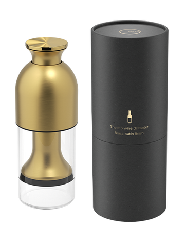 eto wine preservation decanter in brass satin finish with black tube presentation pack