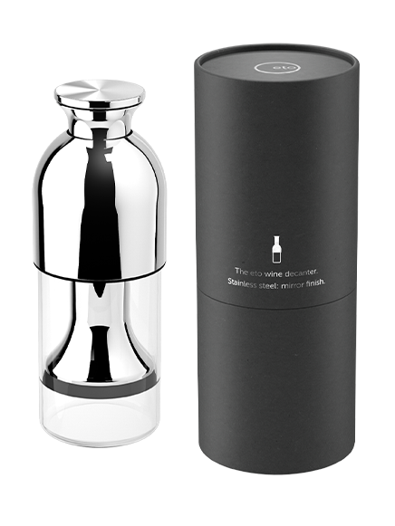 eto wine preservation decanter in stainless steel mirror finish with black tube presentation pack