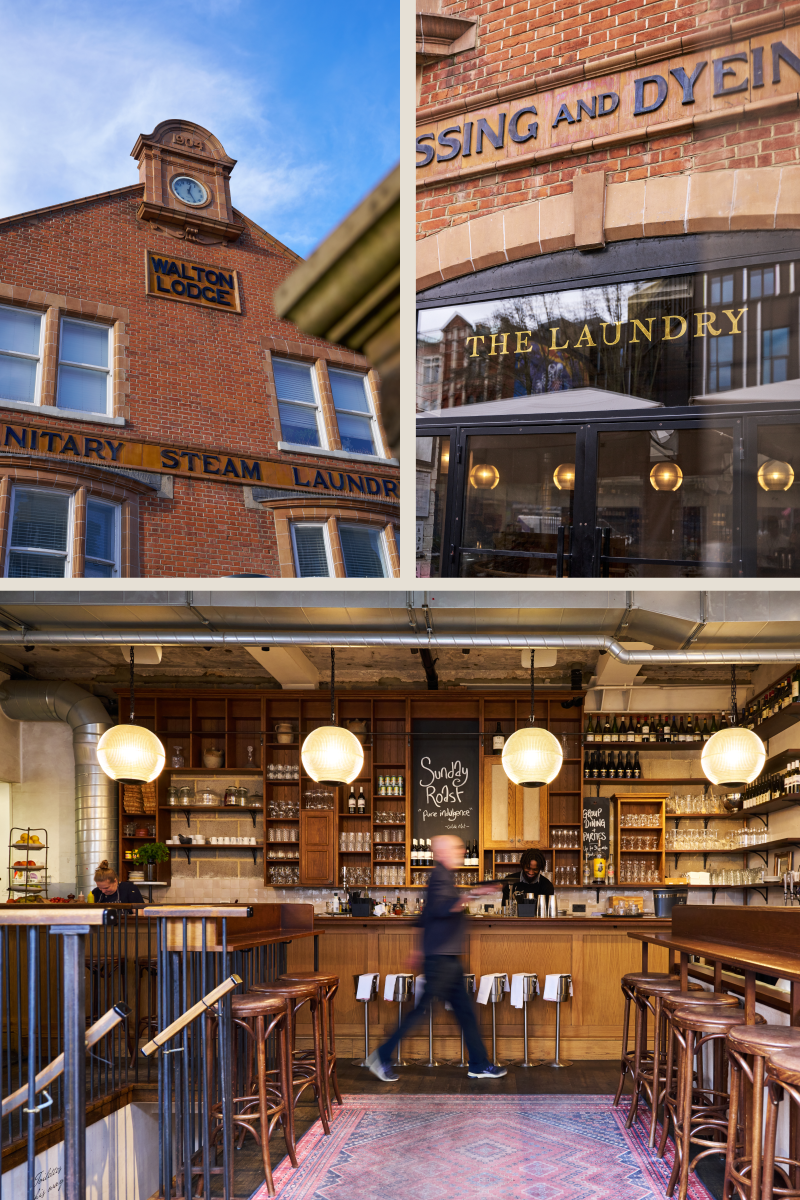 Collage of the exterior of the Laundry Restaurant in Brixton and it's interior open bar