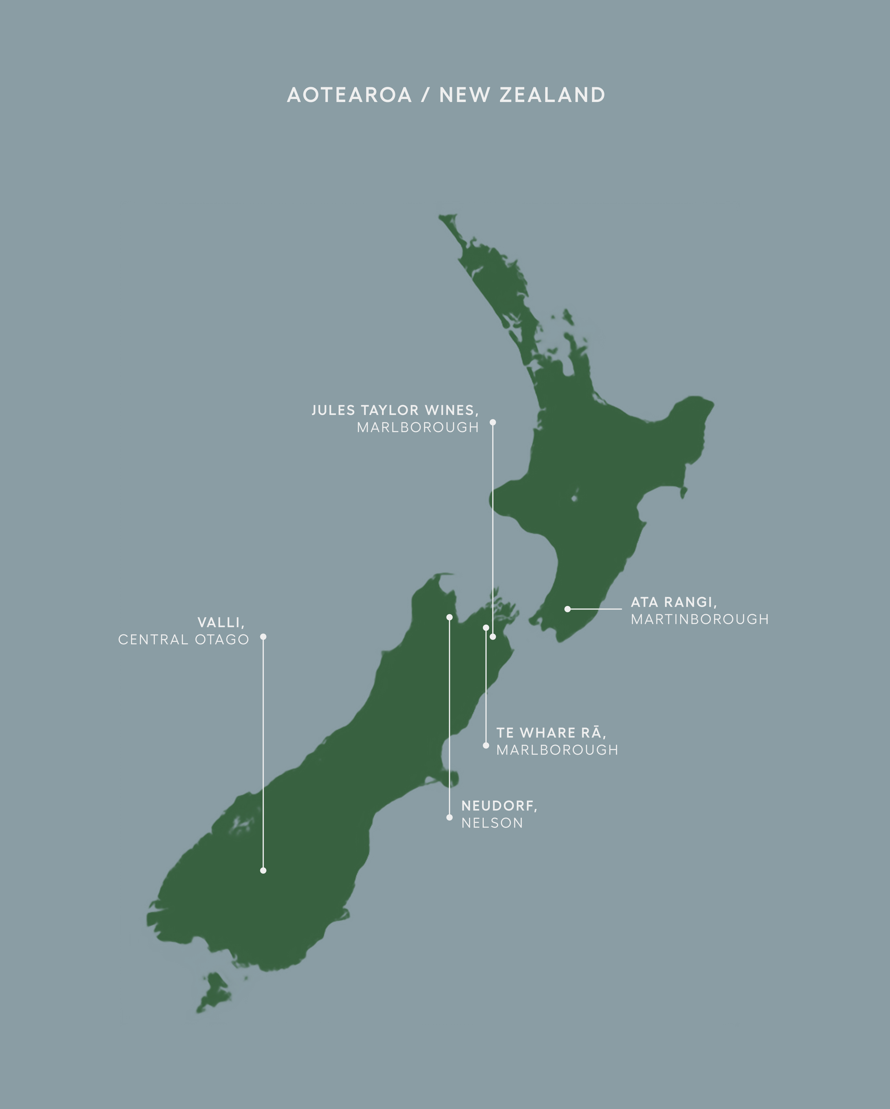 Map of New Zealand with wineries labelled on a light blue background