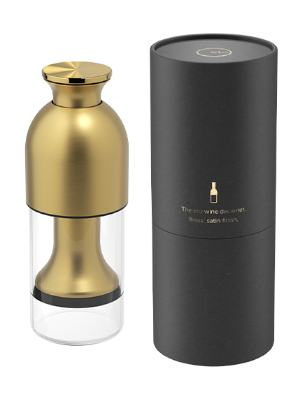 eto wine preservation decanter in brass satin finish with black tube presentation pack