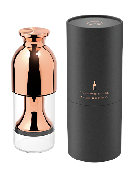 eto wine preservation decanter in copper mirror finish with black tube presentation pack