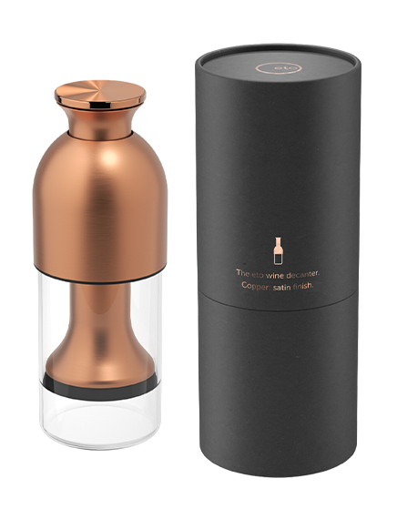 eto wine preservation decanter in copper satin finish with black tube presentation pack