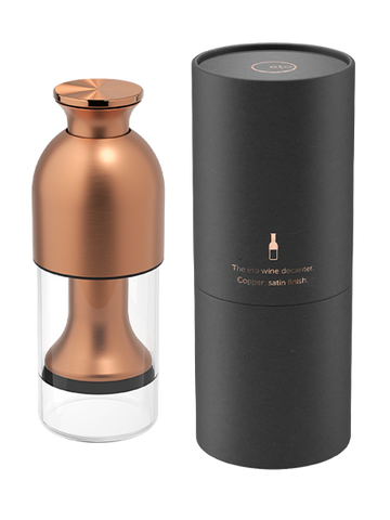 eto wine preservation decanter in copper satin finish with black tube presentation pack