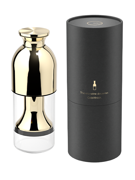 eto wine preservation decanter in gold mirror finish with black tube presentation pack