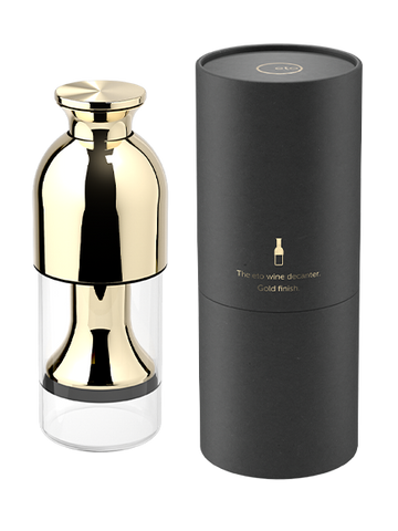 eto wine preservation decanter in gold mirror finish with black tube presentation pack