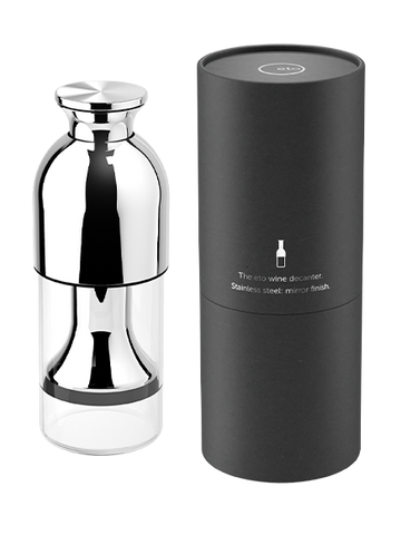 eto wine preservation decanter in stainless steel mirror finish with black tube presentation pack